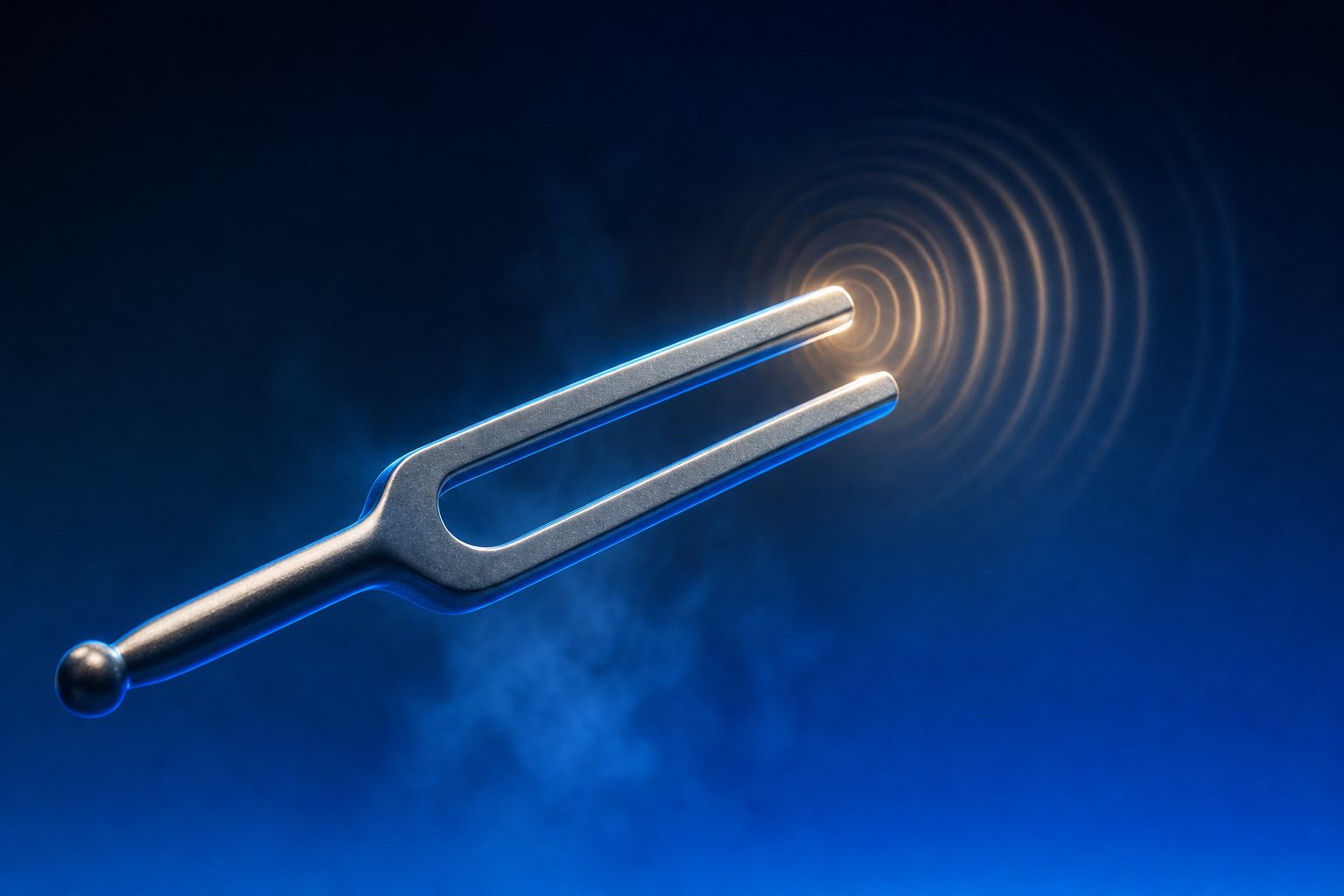 Vibrating tuning fork emitting ripples, evoking early language adoption as a leading signal