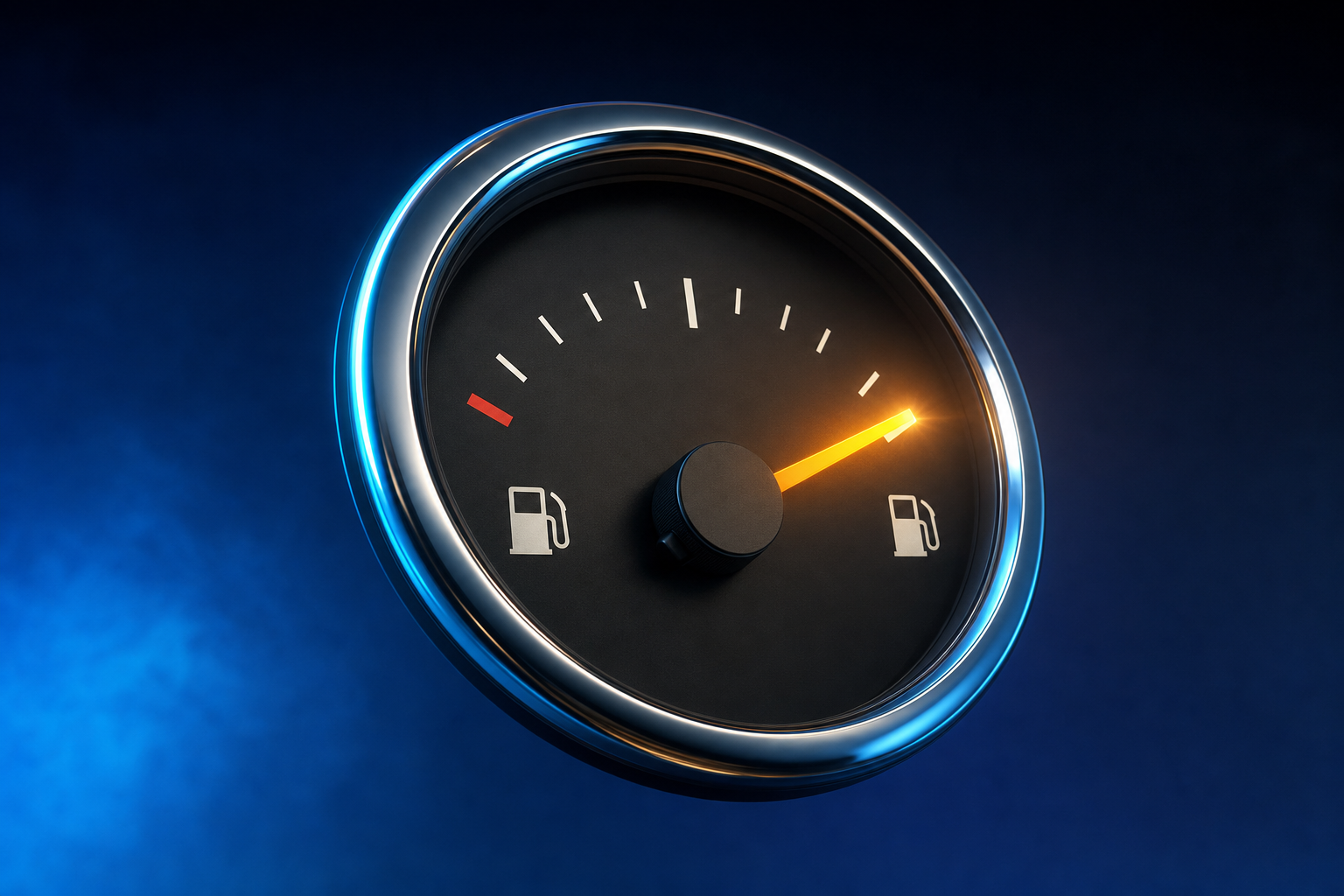 Analog fuel gauge needle swinging toward full, representing go-to-market spend efficiency