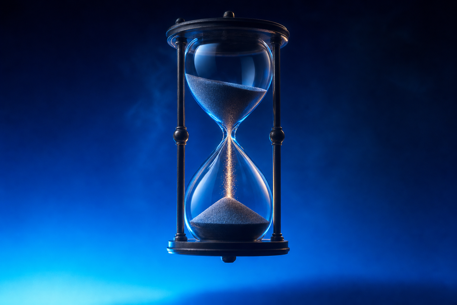 Hourglass with streaming sand symbolizing medical device startup funding timelines under pressure