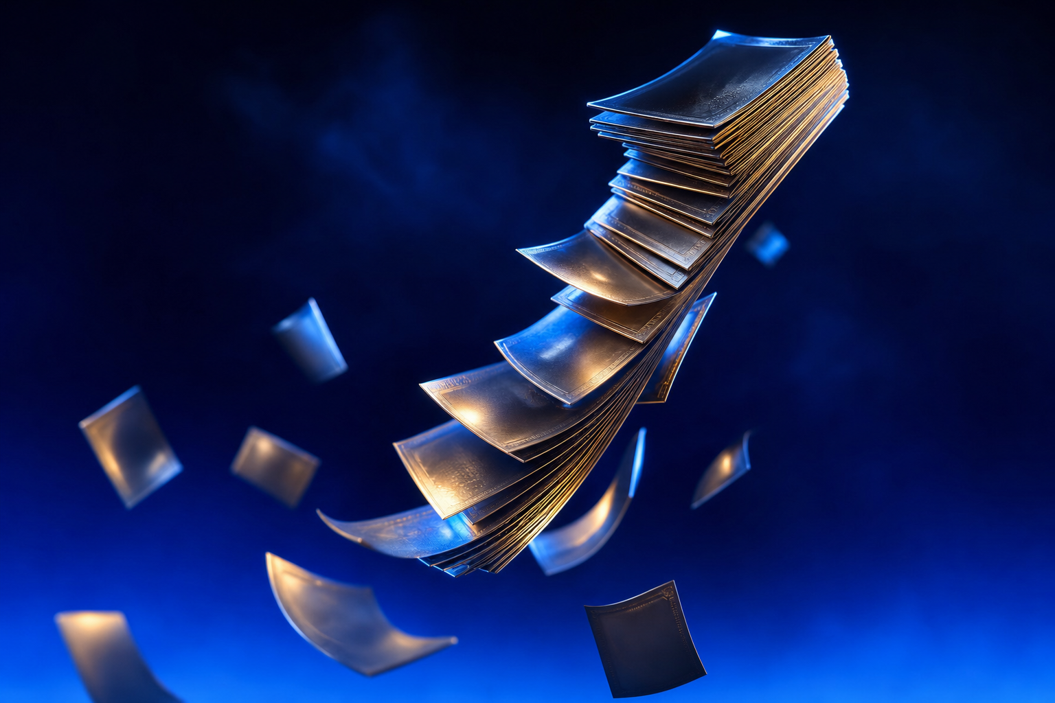 Cascading stack of currency sheets in motion representing M&A liquidity reshaping fundraising options