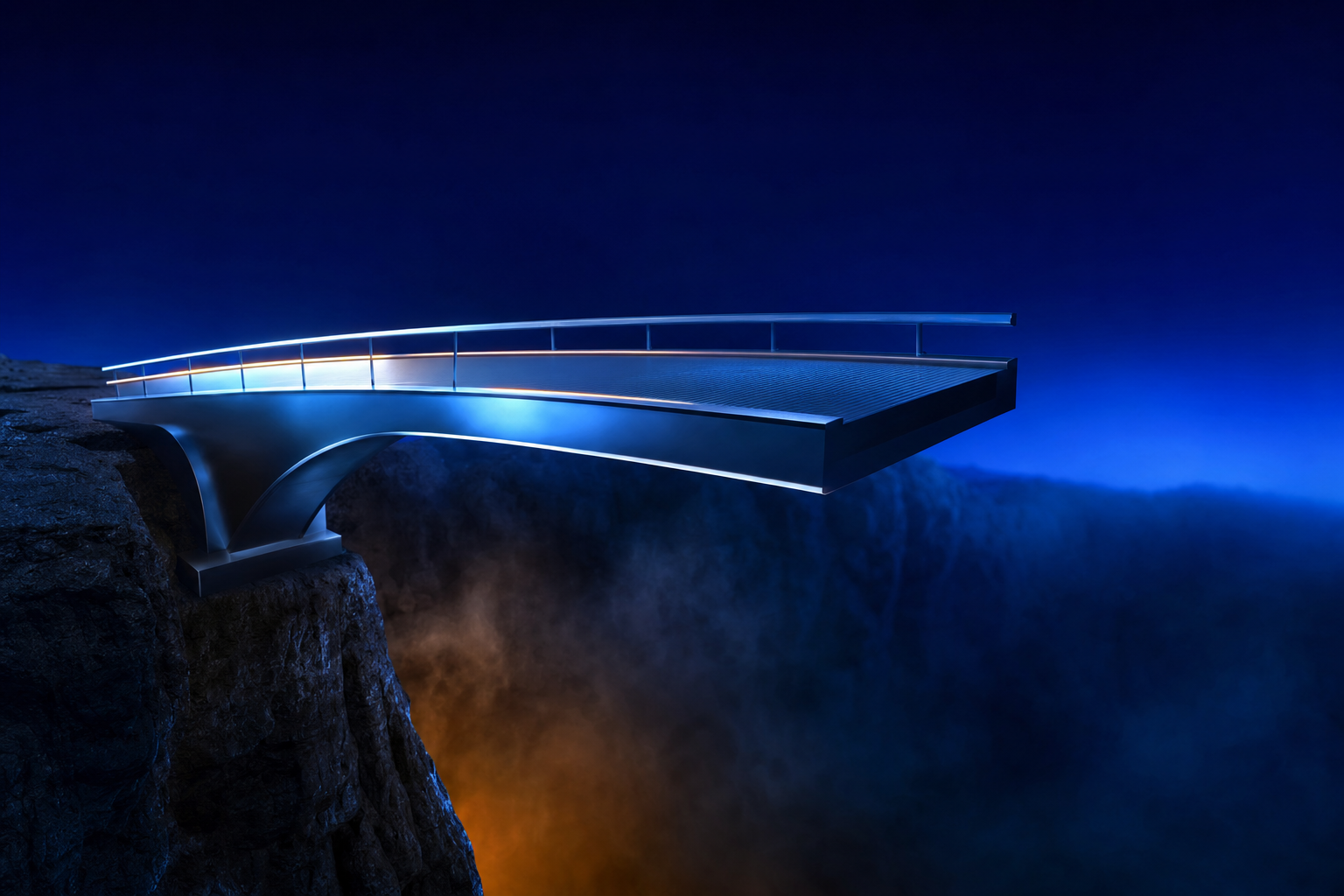 Unfinished bridge hovering over a dark chasm representing the funding gap after clearance