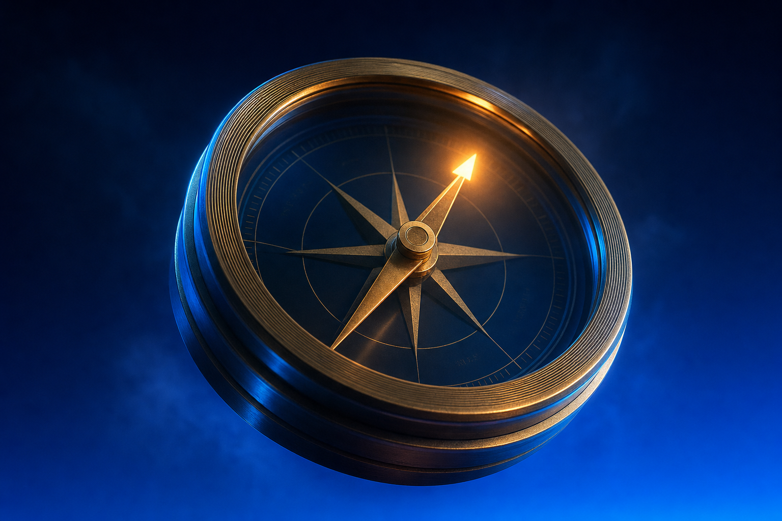 Glowing compass with a fixed needle representing category positioning that shortens the traction gap