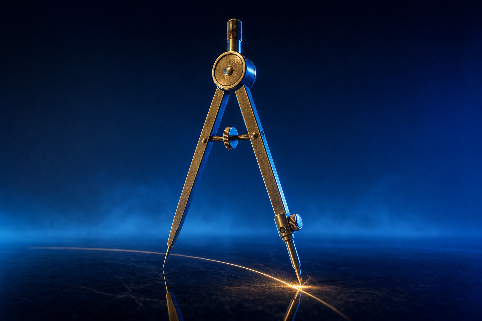 A brass drafting compass tracing an arc illustrates what is market engineering for medtech founders