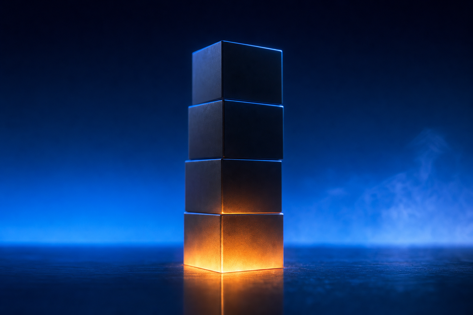 Four stacked geometric blocks with a glowing base, representing the foundation medtech founders build first