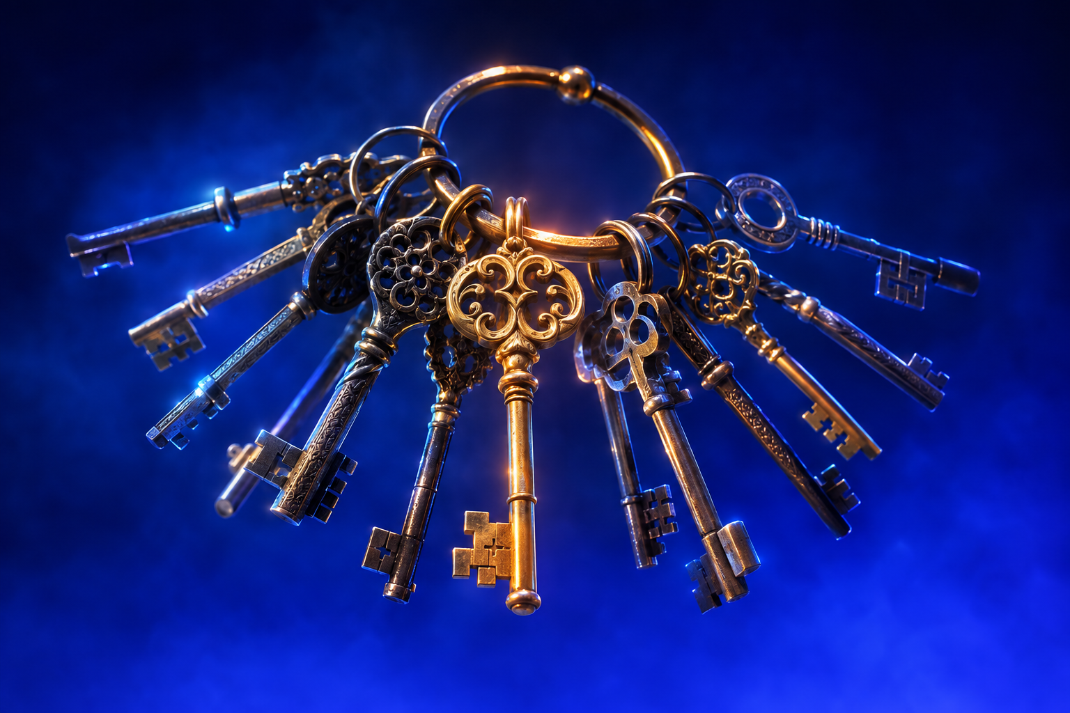 Ring of distinct ornate keys, symbolizing sorting 14 medical device marketing agencies by problem solved