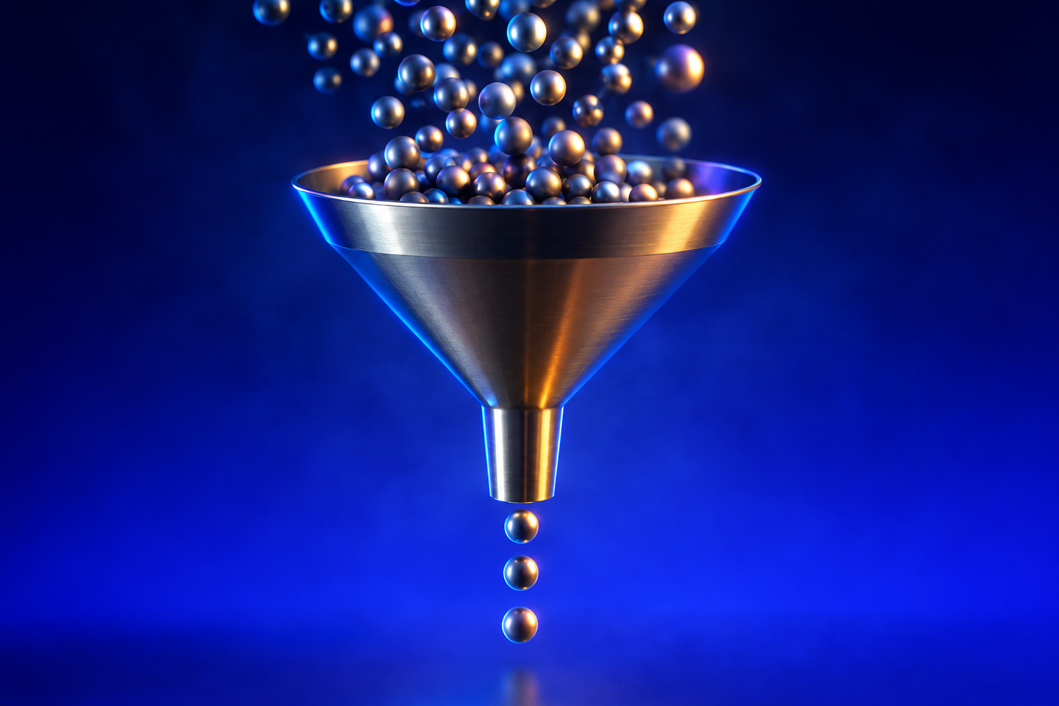 Metal funnel narrowing many spheres down to three, symbolizing running the agency list down to three in a week