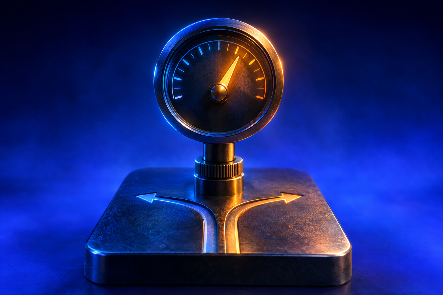 Glowing diagnostic gauge pointing between two divergent paths, symbolizing telling a market problem from a marketing problem