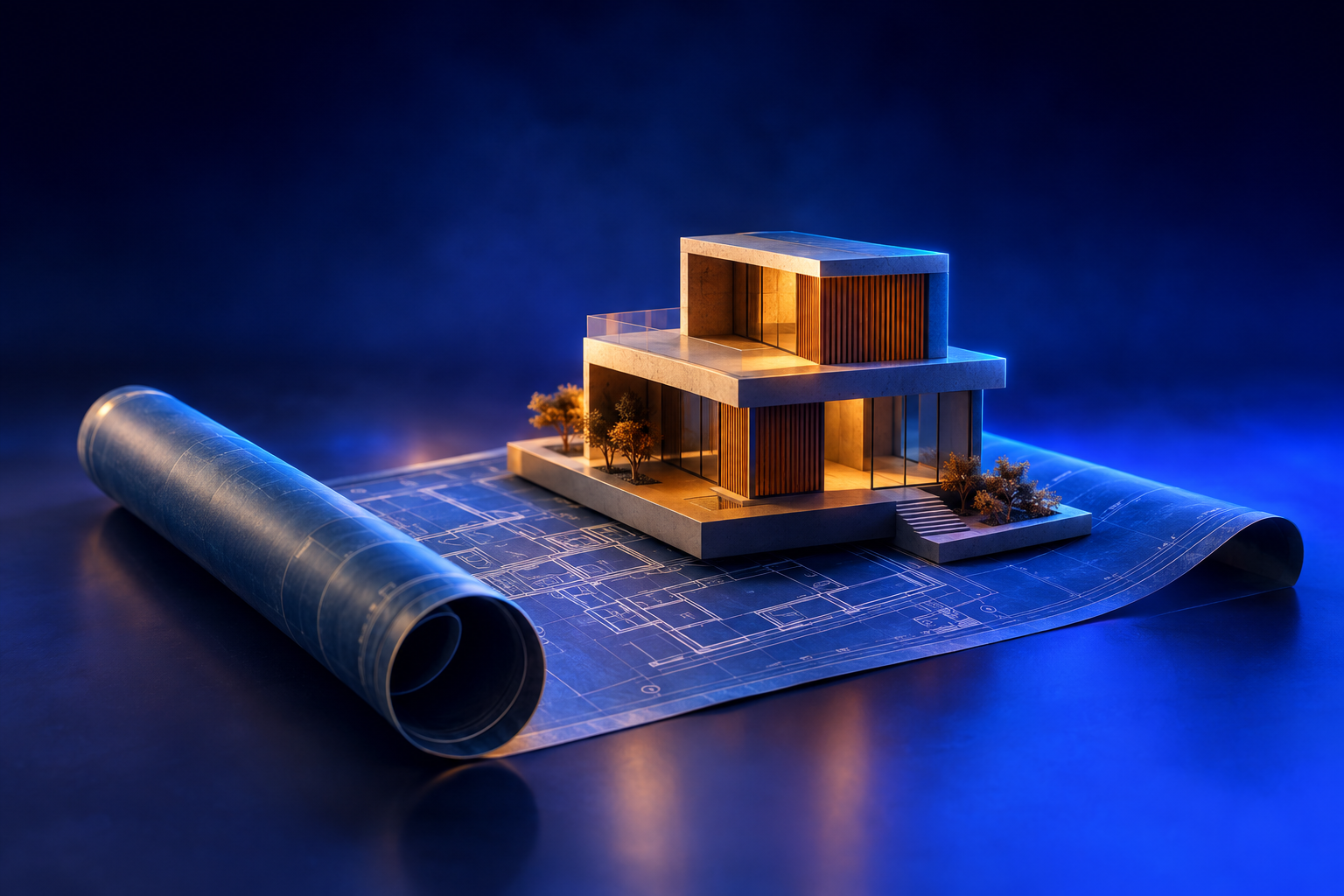 Small structure built atop an unrolled blueprint, symbolizing agencies that work on market and category strategy first
