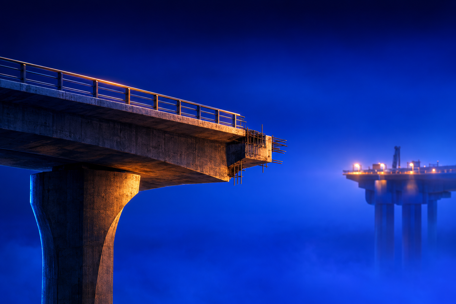 Unfinished bridge stops short of a lit platform, illustrating medical device sales without category design