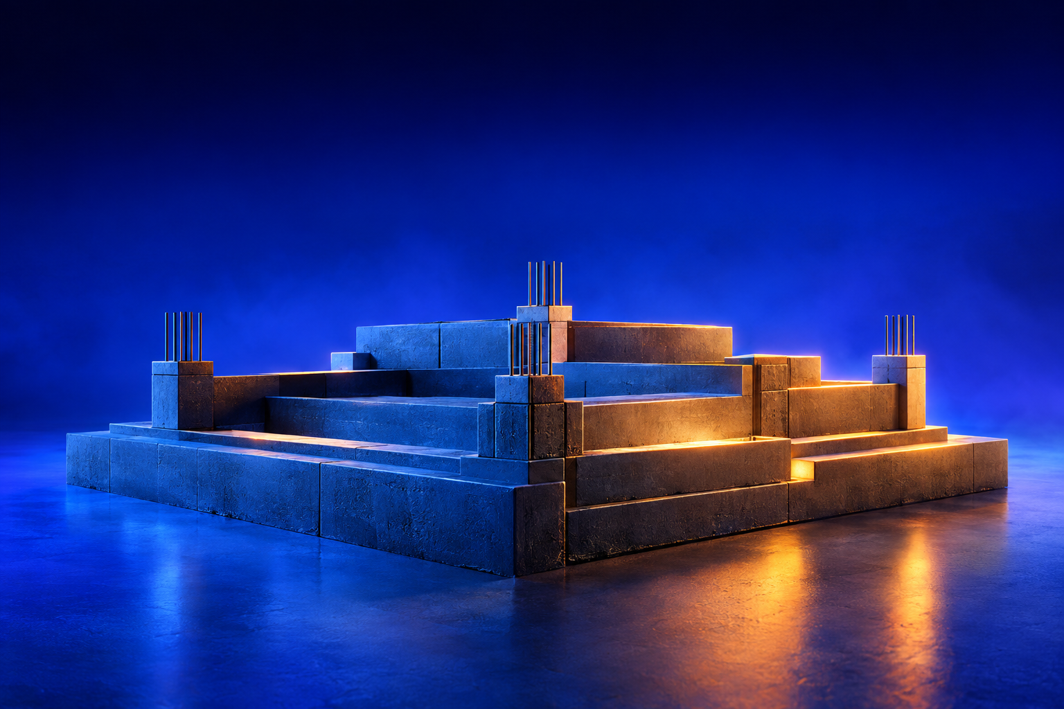 Stepped concrete foundation with exposed rebar posts and amber edge lighting in blue haze