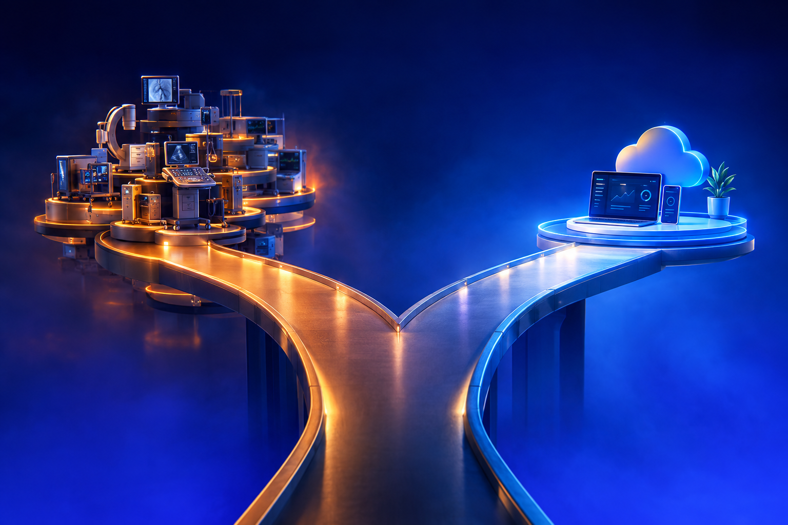 Two walkways split from one path, one to medical devices, the other to laptop software