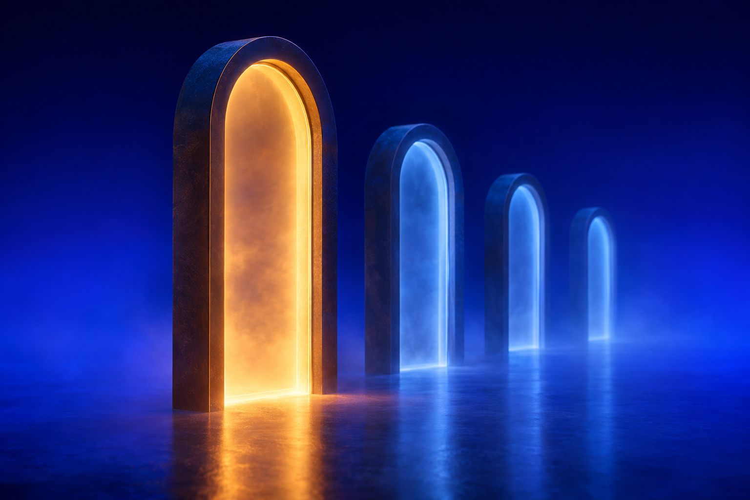 Four arched portals in a row, the nearest glowing amber and the others dim blue