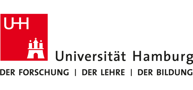 Logo of University of Hamburg featuring a red square with white stylized castle and UHH letters, and the text 'Universität Hamburg' in black.