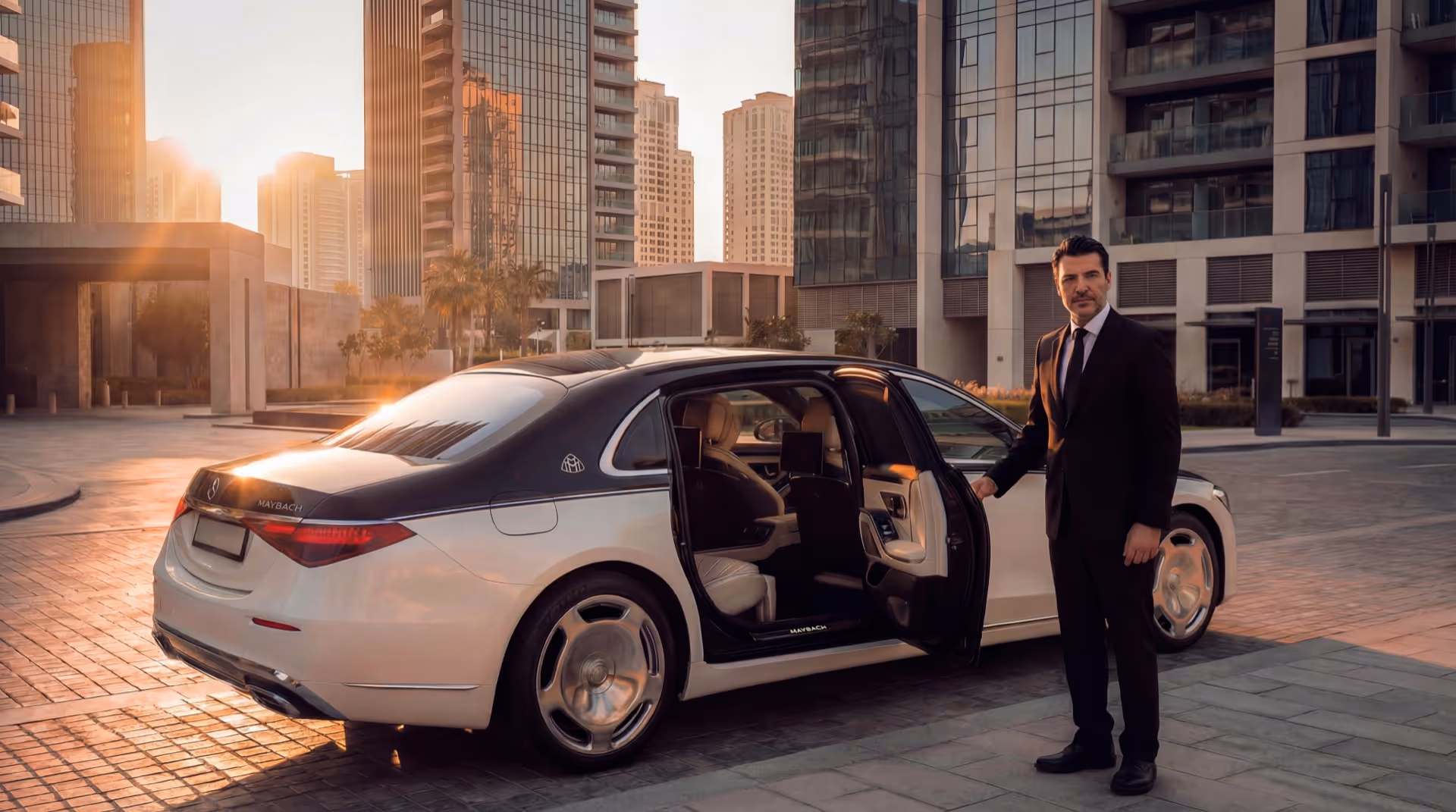 Chauffeur beside an open-door two-tone Maybach at sunset — Moveolux luxury transportation company.