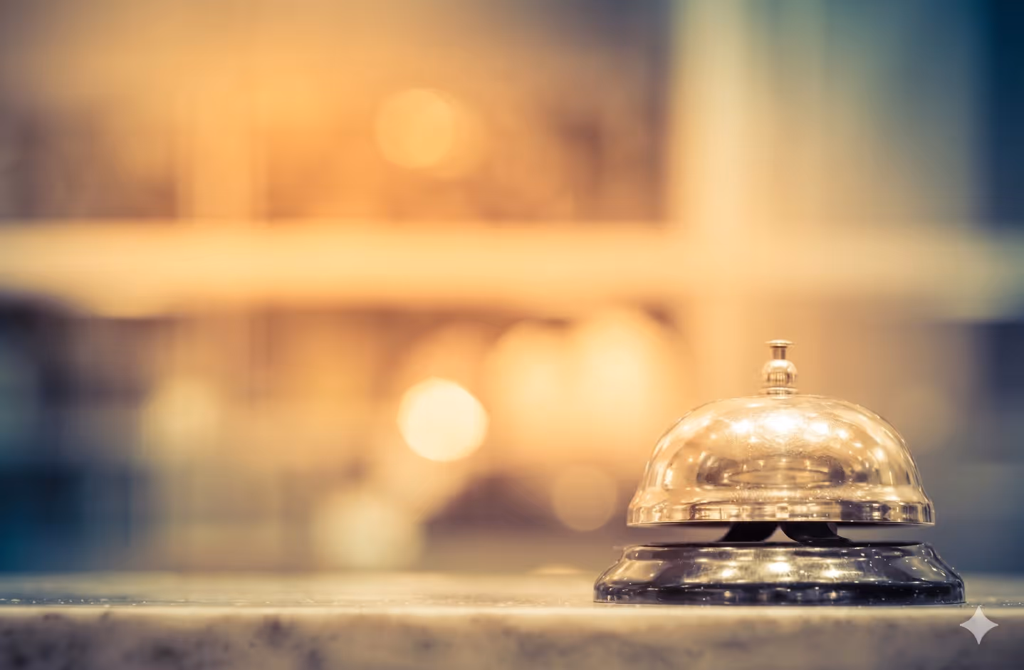 Close-up of a shiny service bell on a marble countertop with a softly blurred background.