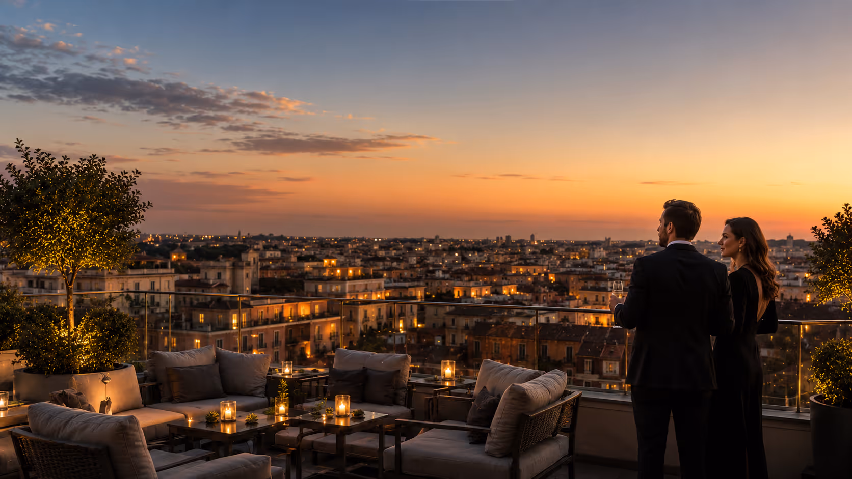 Elegantly dressed couple on a luxury rooftop terrace at sunset — exclusive VIP access experience arranged by Moveolux.
