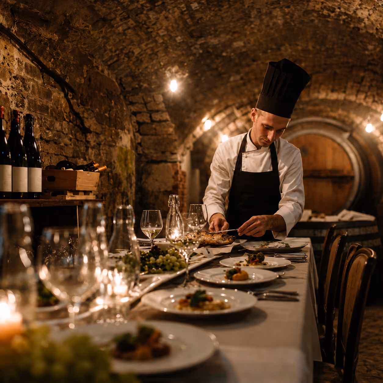 Chef preparing an exclusive tasting menu at a candlelit private dining table — fine dining access curated by Moveolux VIP concierge service in Italy.