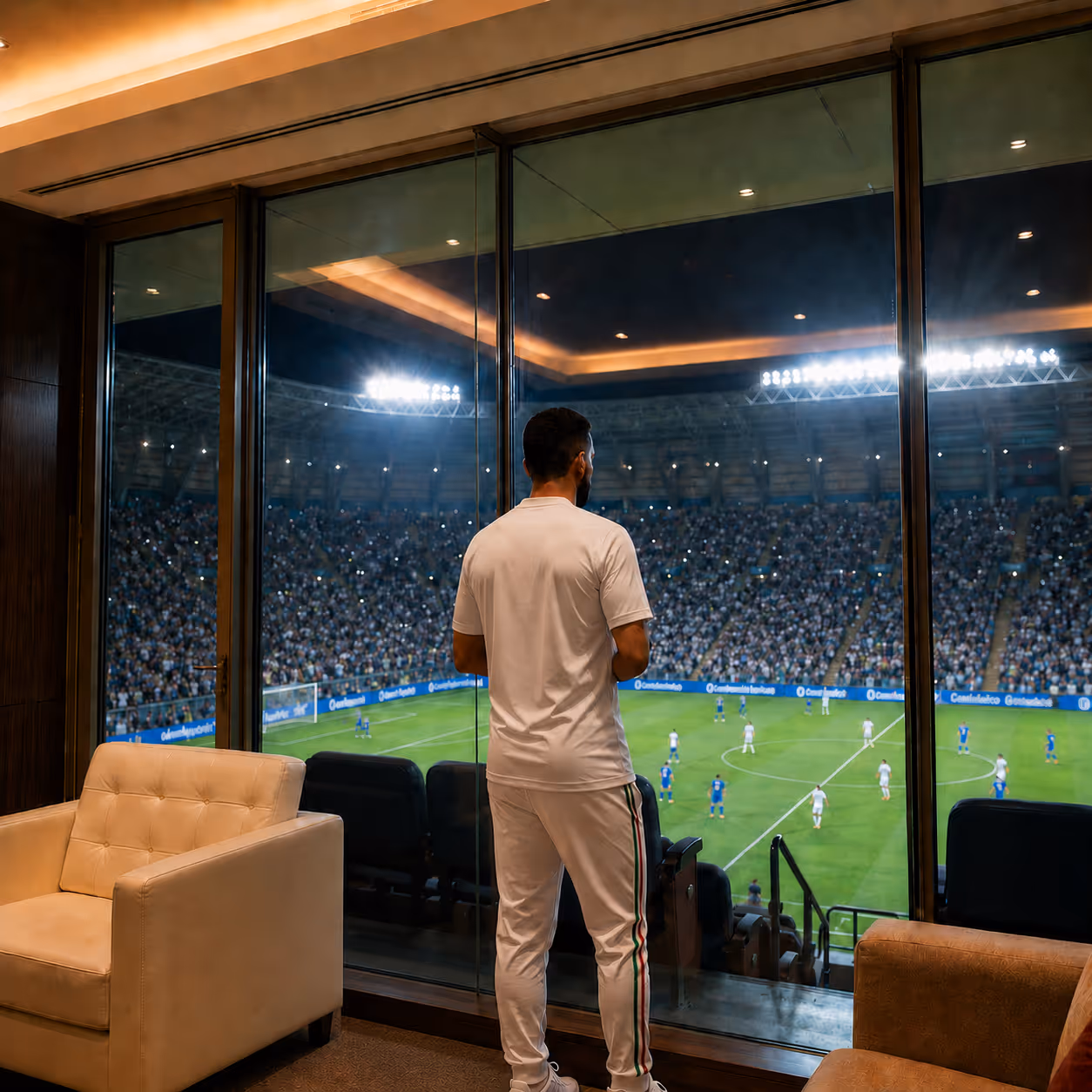 Guest watching a major sporting event from a luxury VIP suite — exclusive access arranged by Moveolux concierge service.