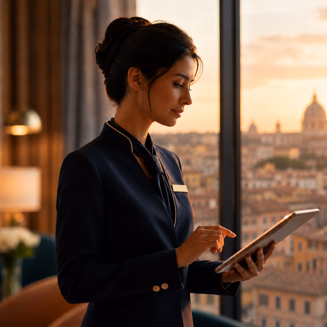 Hotel concierge managing a luxury booking on a tablet at sunset — reservation and coordination service by Moveolux for five-star stays.