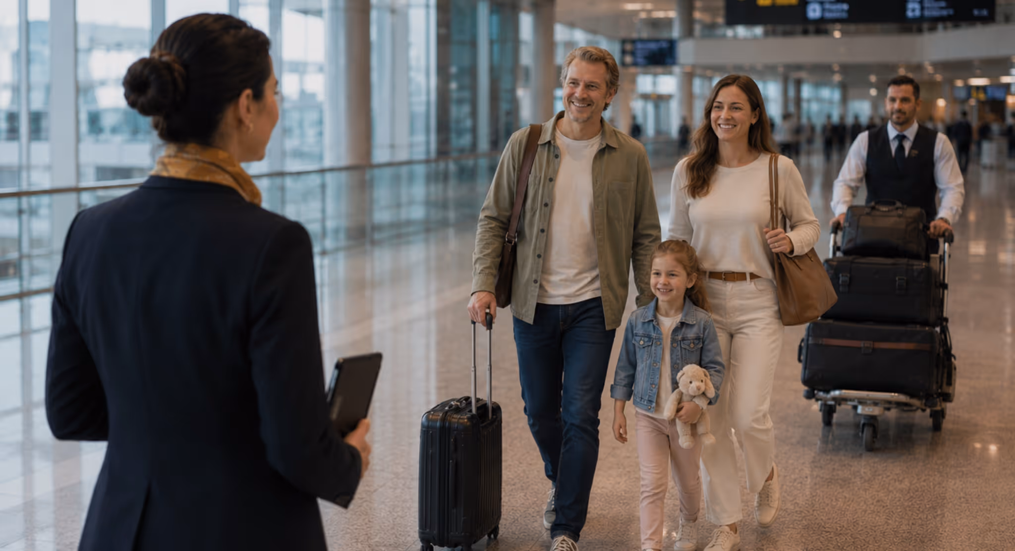 Family welcomed by a Moveolux concierge on arrival — seamless transfer and arrival coordination for luxury hotel and villa stays in Italy.