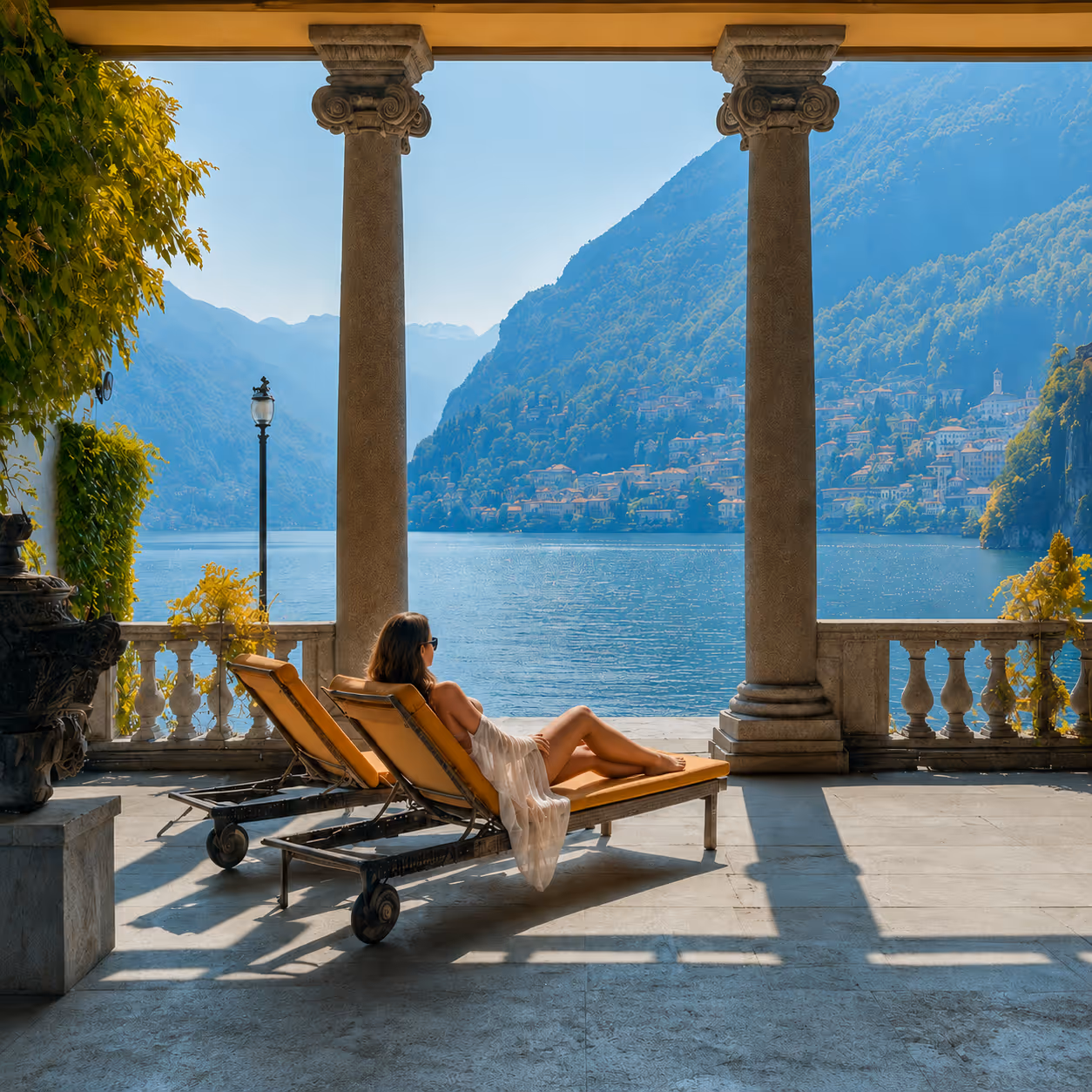 Guest relaxing on a private villa terrace overlooking a lake and mountains — luxury villa rental in Italy arranged by Moveolux concierge service.