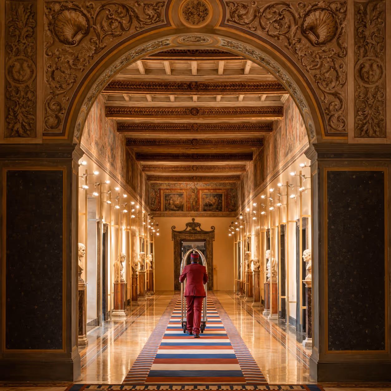 Uniformed concierge escorting luggage through an ornate five-star hotel corridor — ultra-luxury hotel booking service by Moveolux.