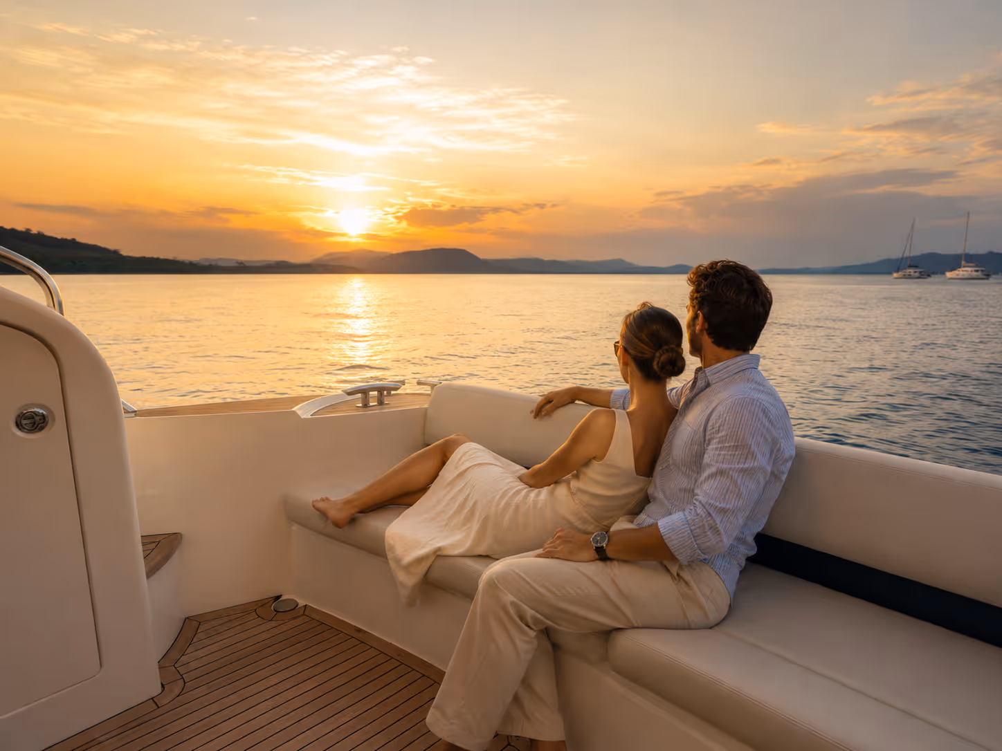 Couple watching a sunset from a private boat — bespoke travel experience curated by Moveolux lifestyle concierge service.