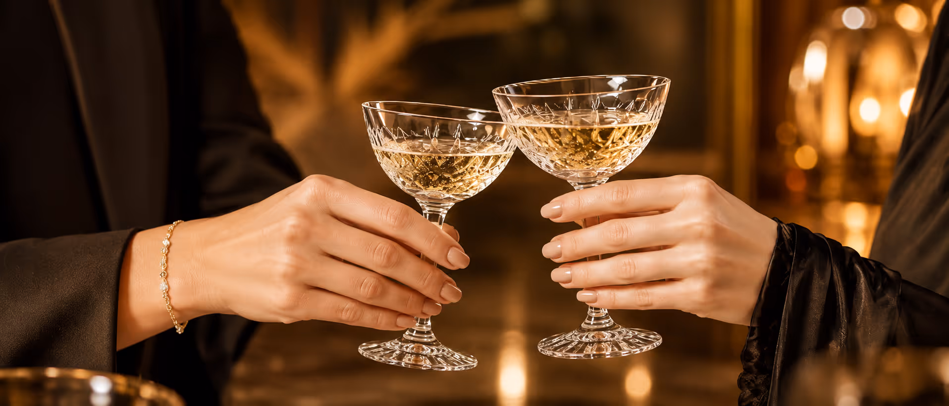 Two guests toasting with crystal champagne glasses in an elegant setting — luxury lifestyle experience by Moveolux.