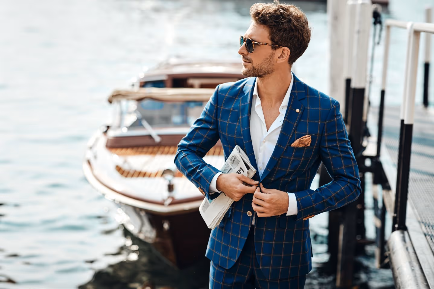 Man in blue checkered suit adjusting button during a lifestyle experience coordinat