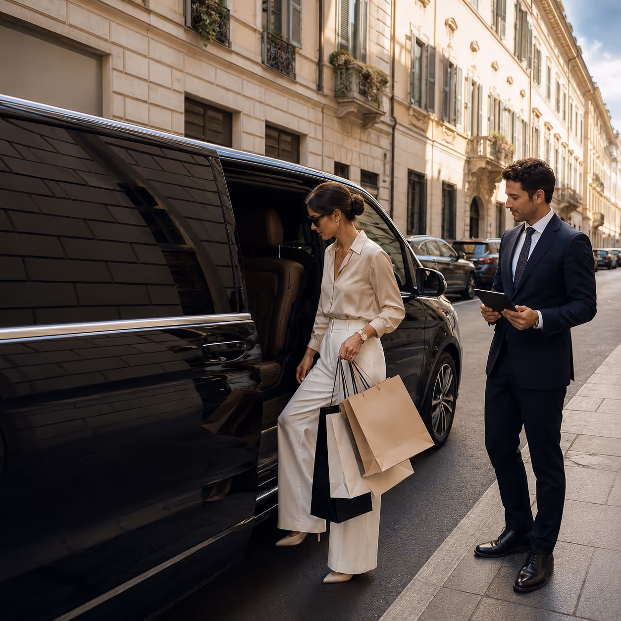 Moveolux chauffeur assisting a guest with on-trip support — bespoke travel planning service for luxury travellers.