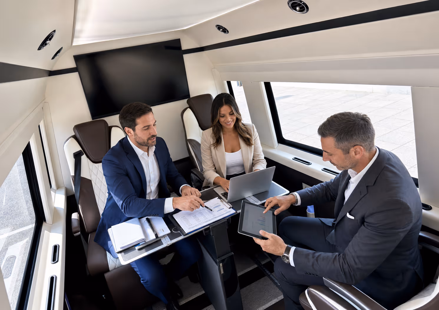 Three executives working in a private luxury van — Moveolux executive transfer and luxury corporate travel service.