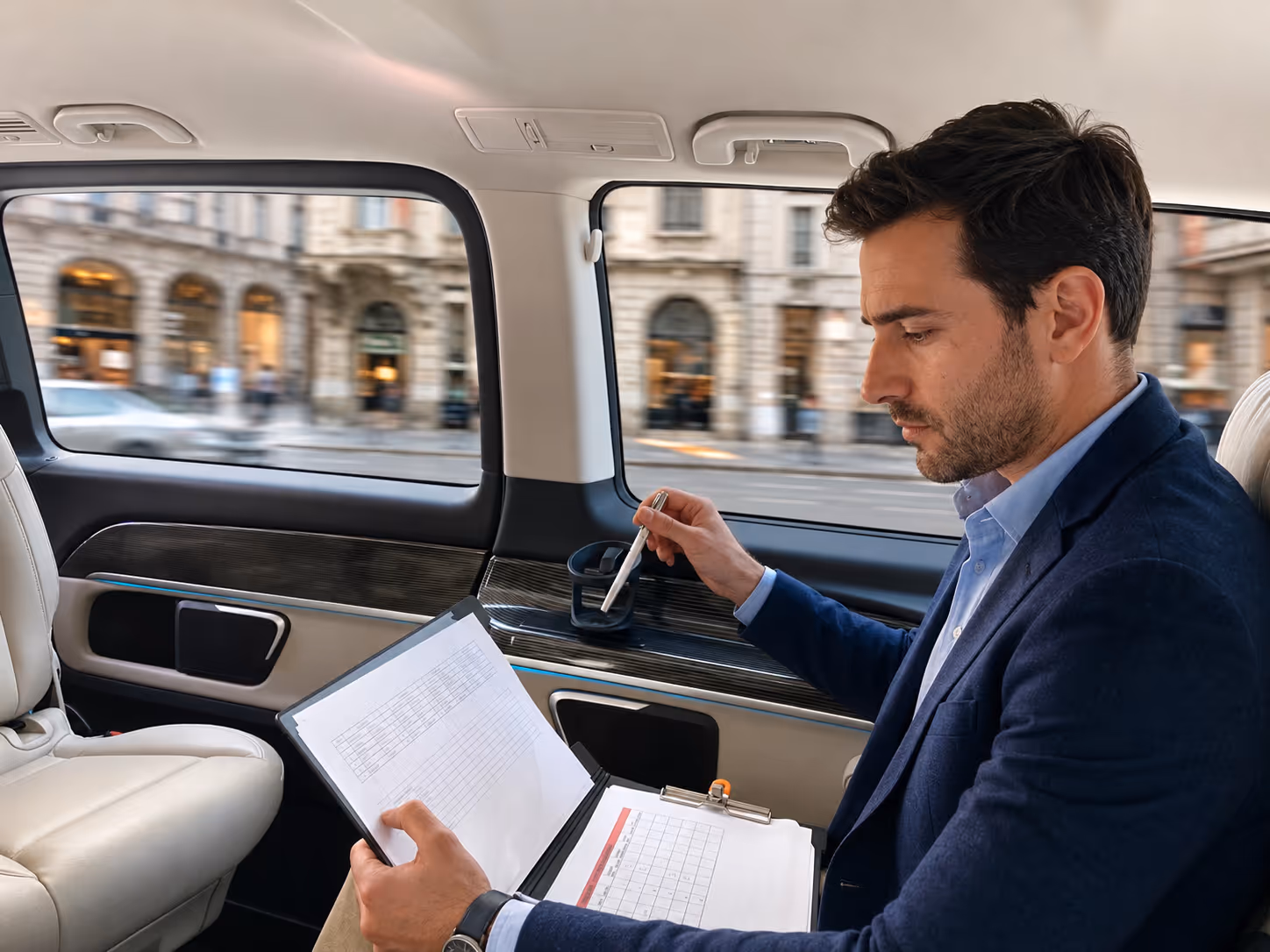 Executive reviewing documents in a Moveolux chauffeur vehicle — dedicated coordination for corporate travel Italy.