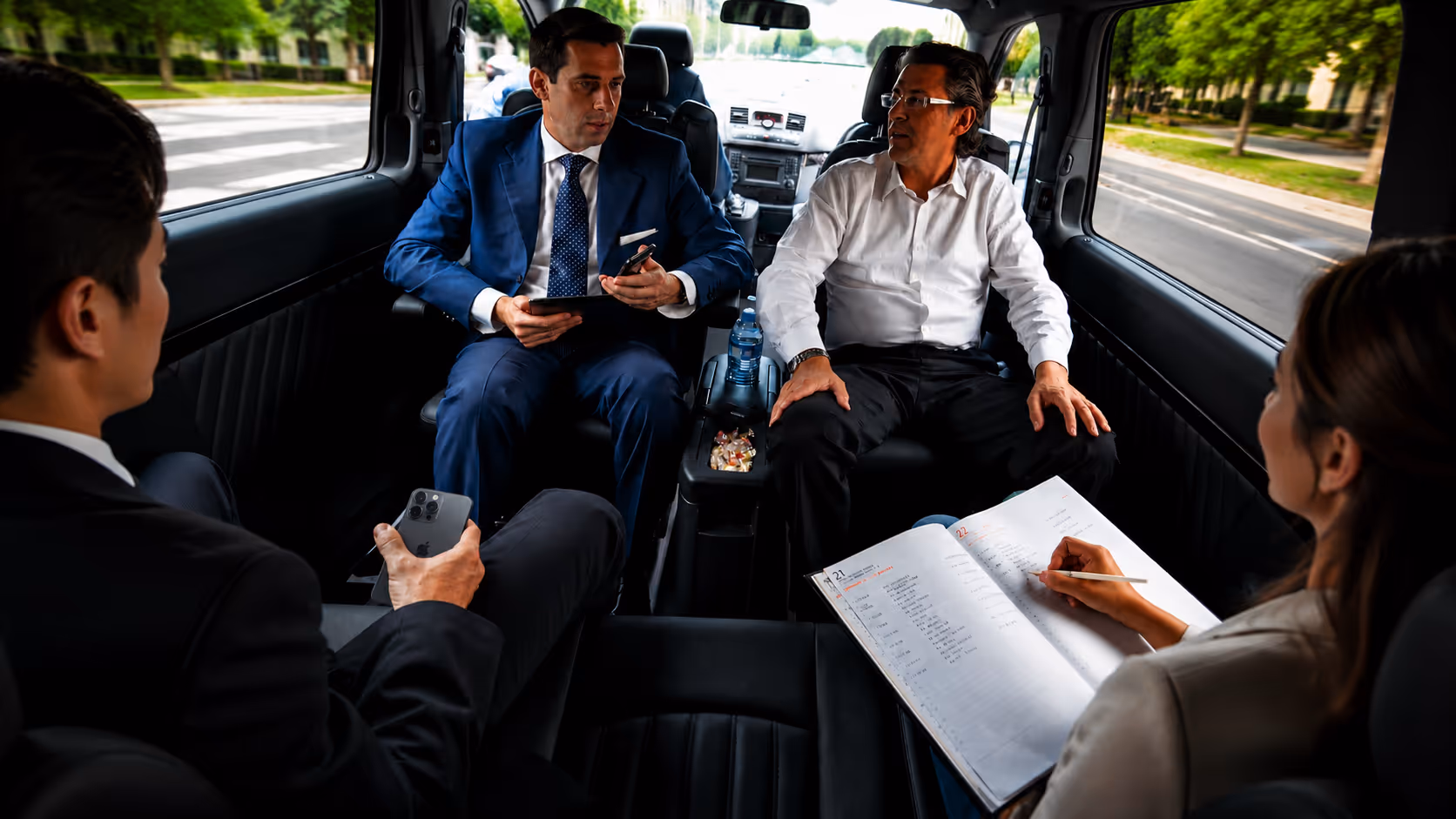 Four business professionals meeting inside a Moveolux luxury vehicle — corporate event transport and MICE mobility service.