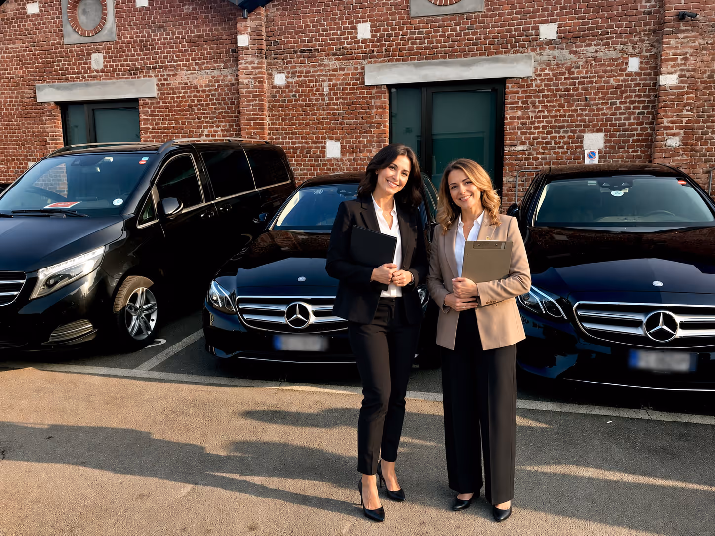 Moveolux event coordinators with clipboards beside luxury vehicles — guest arrival coordination for corporate events and conferences.