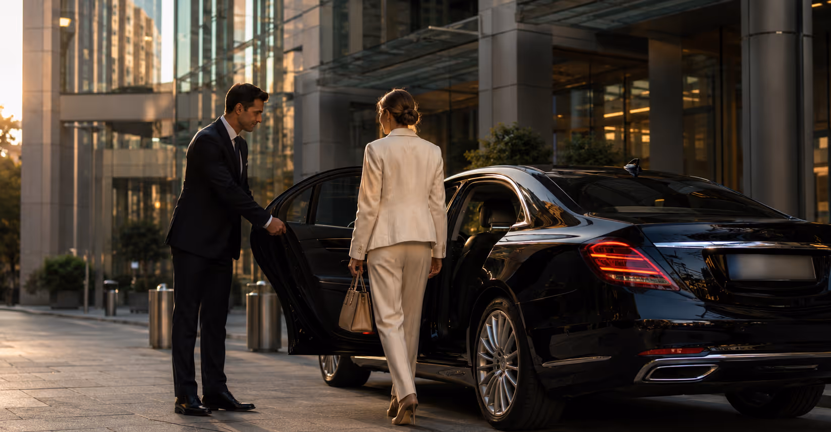 Moveolux chauffeur opening a car door for a private client — bespoke family office mobility and luxury transfer service.