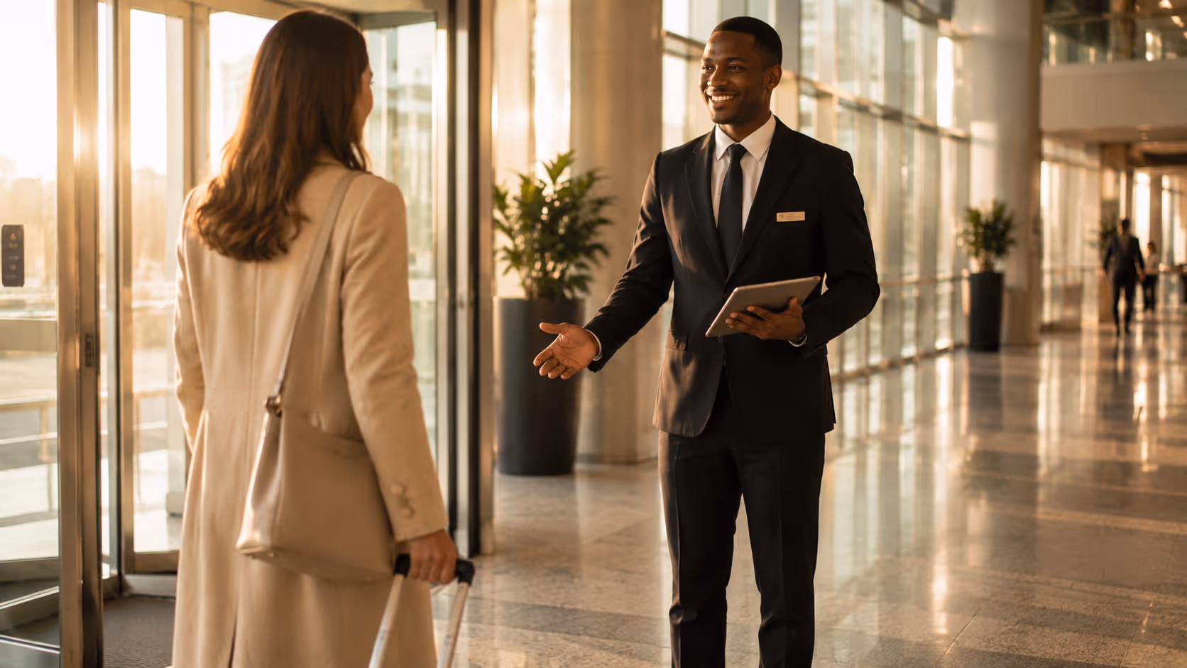 Hotel concierge welcoming a guest with luggage — Moveolux departure and return transfer service with Meet & Greet assistance.