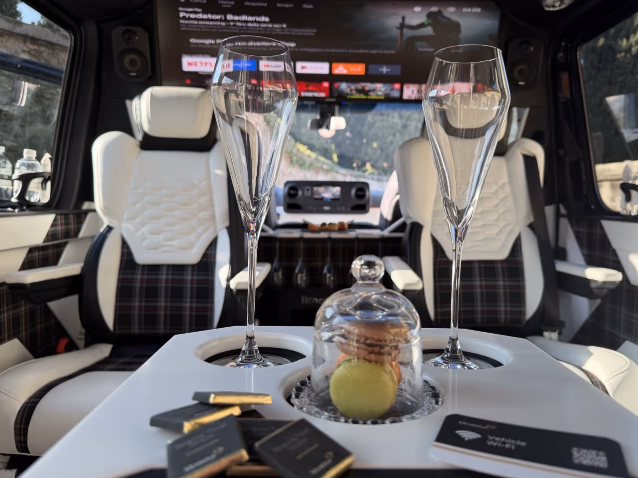 Moveolux LimoVan Portofino luxury van interiors for private group travel and luxury transportation.