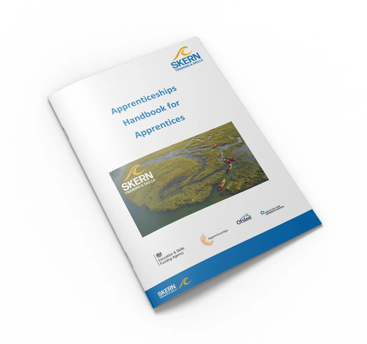 Cover of the Apprenticeships Handbook for Apprentices by Skern Training & Skills featuring an aerial photo of kayakers navigating a winding river in greenery.
