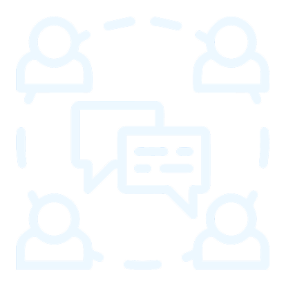 Icon of a group of people communicating with speech bubbles, representing teamwork and collaboration
