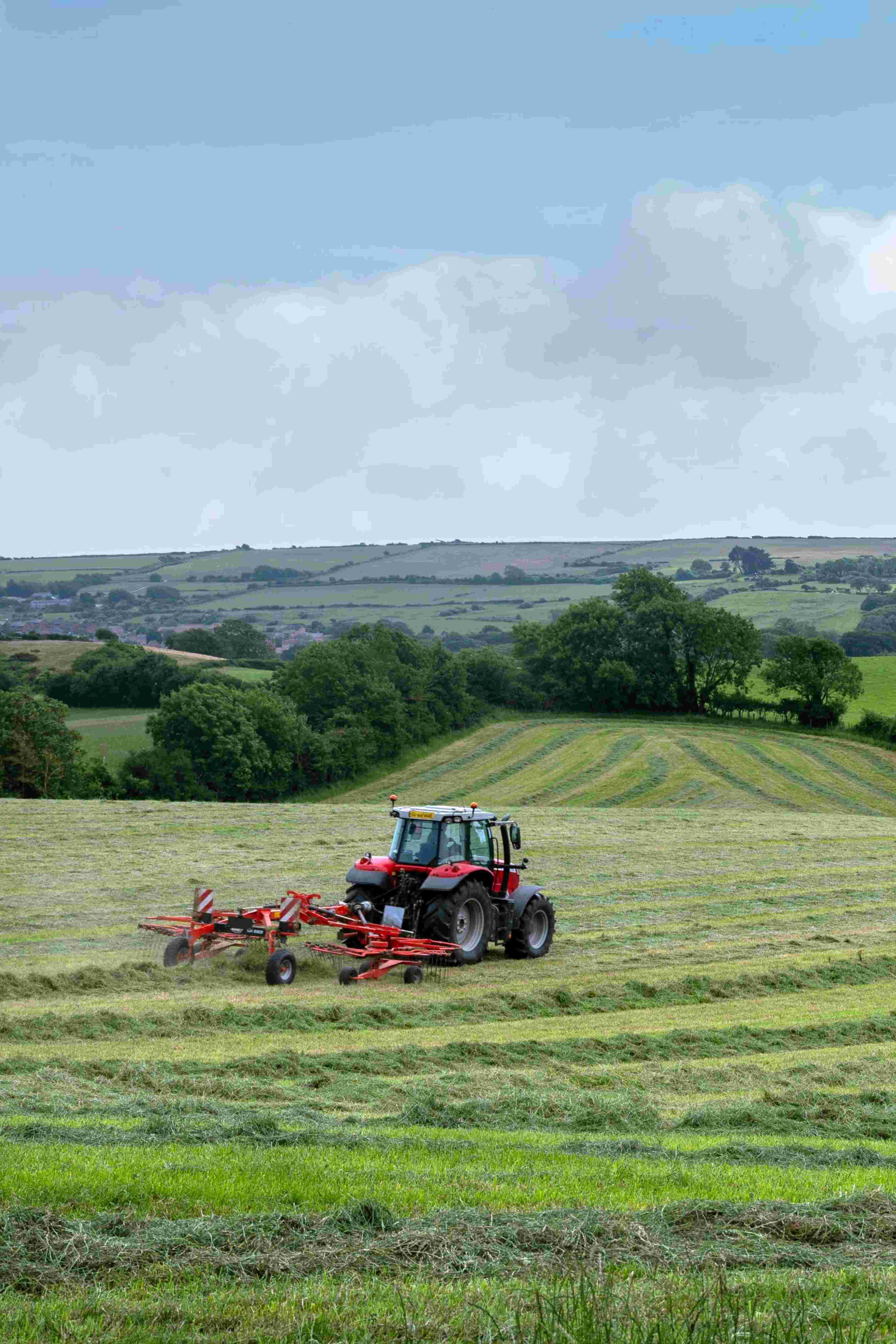 Red tractor working in a green field with cut grass rows under a partly cloudy sky.