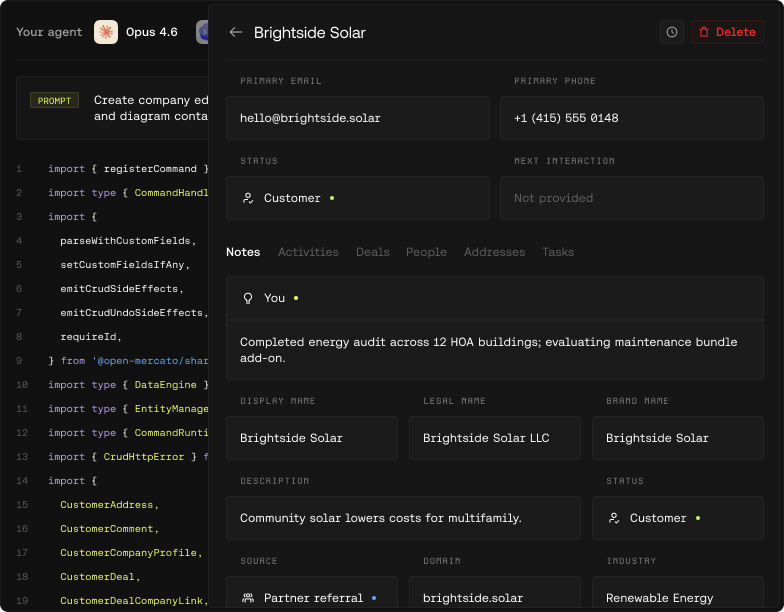 User interface showing details for Brightside Solar including email, phone, status as customer, notes on energy audit, display, legal and brand names, description of community solar, source as partner referral, domain, and industry renewable energy.
