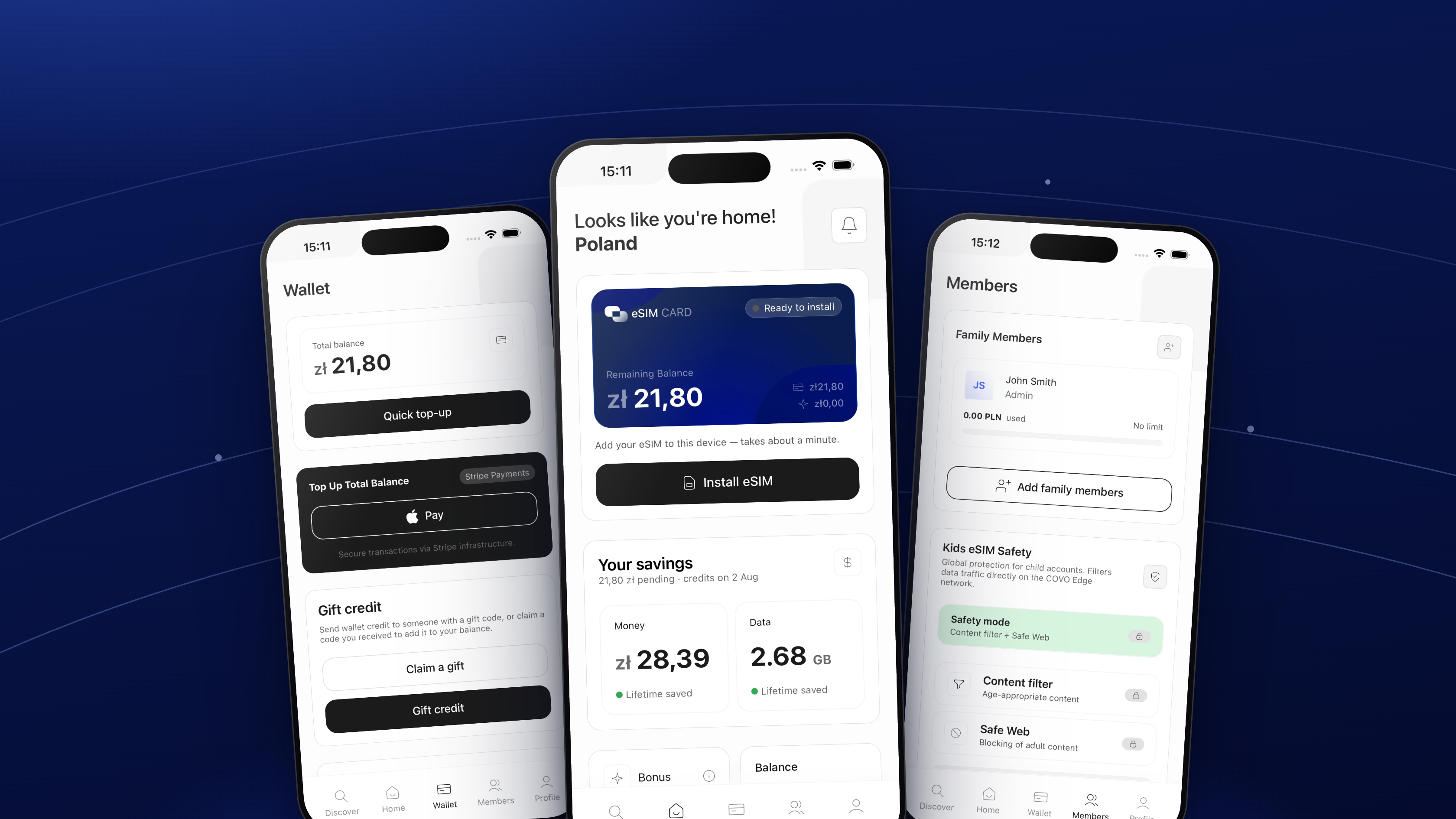 Covo app screens: wallet, home with eSIM card and savings, and family members