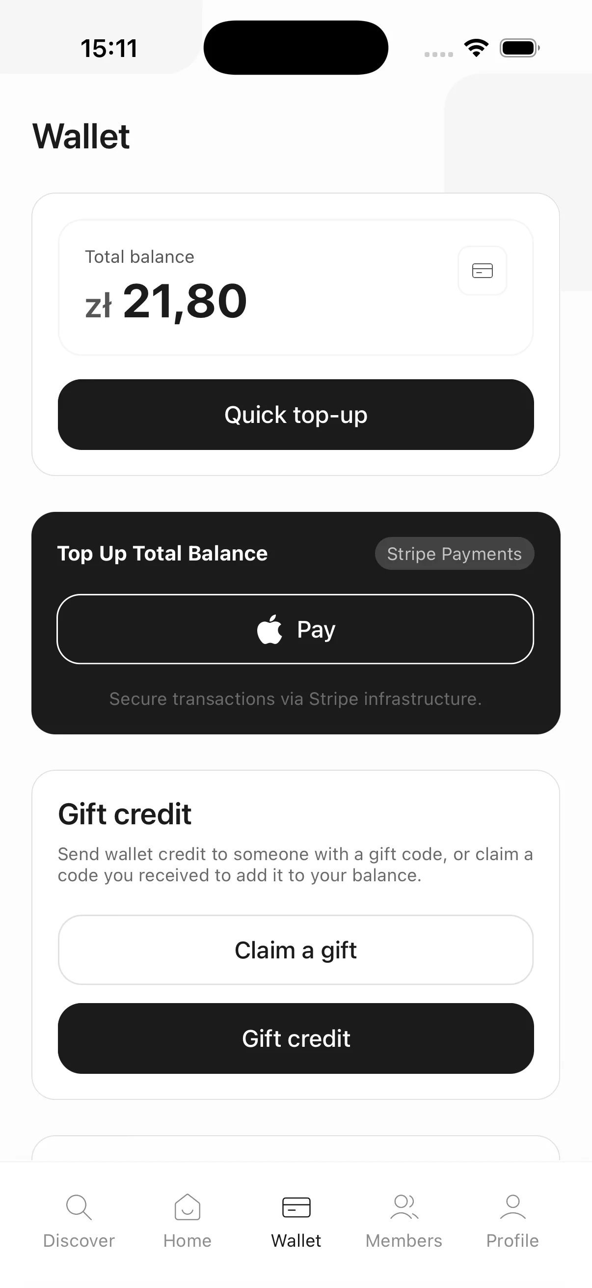 The wallet tops up in one tap via Apple Pay over Stripe; balance can be gifted or claimed with a code