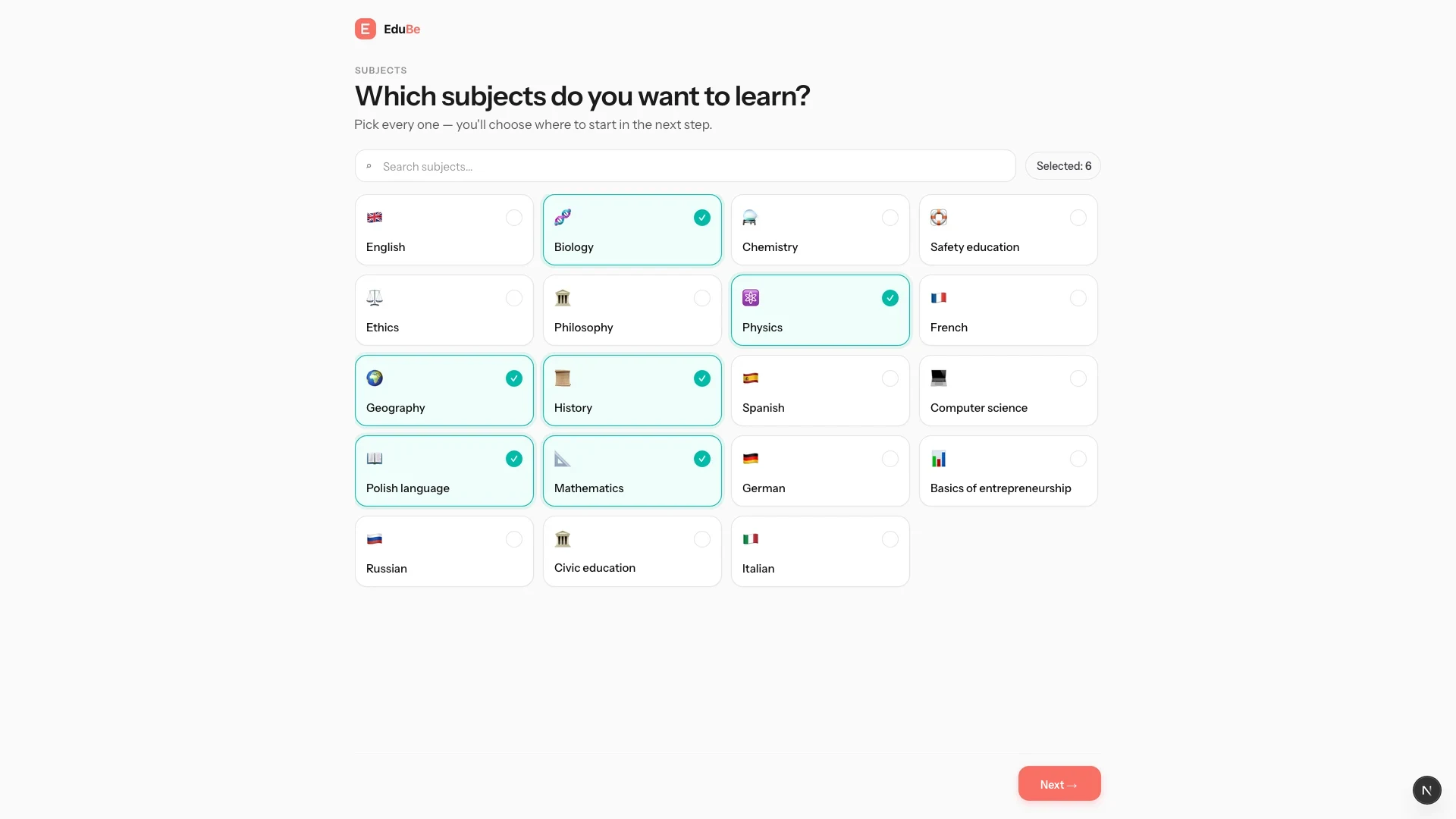 Students choose from a curriculum-wide subject catalogue during onboarding
