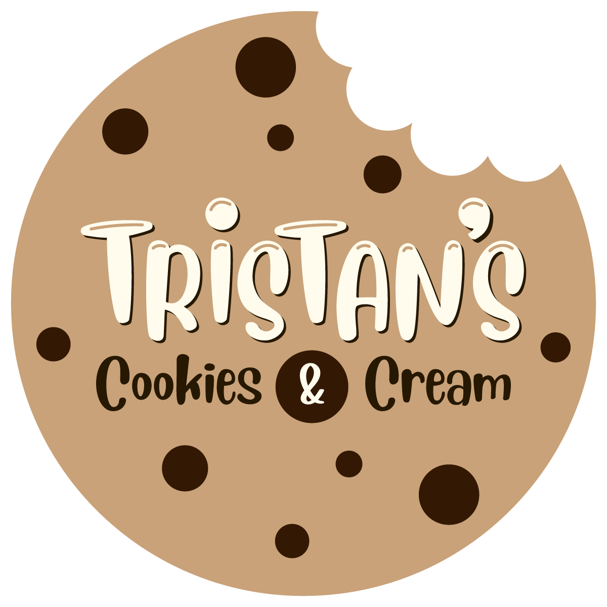 Logo of Tristan’s Cookies & Cream featuring stylized text on a chocolate chip cookie with a bite taken out of the top right.