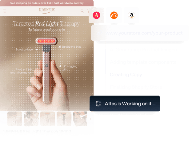 Hand holding a red light therapy wand with labels pointing to benefits like boosting collagen, targeting fine lines, treating redness, and lifting sagging skin.