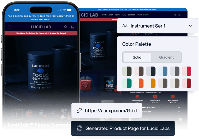 Smartphone displaying LucidLab Focus Gummies product page with dark-themed design and color palette options overlay.