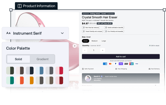 E-commerce product page for Crystal Smooth Hair Eraser showing price, size options, quantity selector, add to cart button, payment methods, and customer reviews alongside font style and color palette settings overlay.