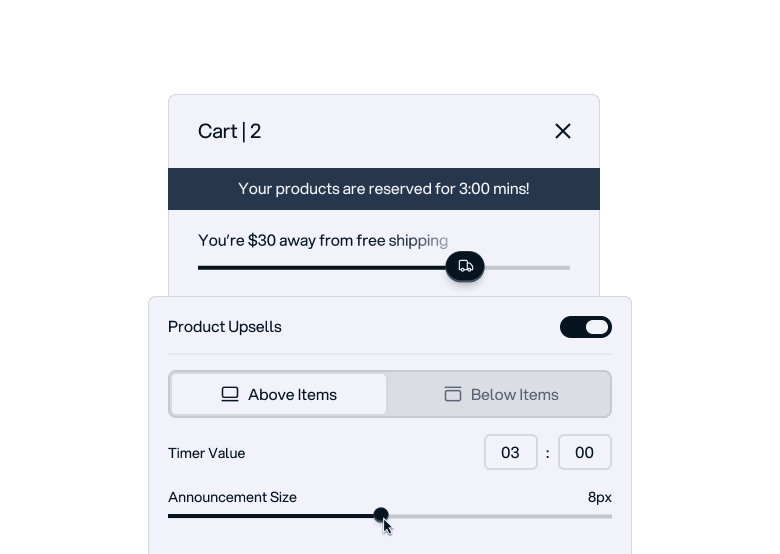 User interface of a shopping cart with 2 items, showing a 3-minute reservation timer, a progress bar indicating $30 away from free shipping, product upsells toggle with options for placing above or below items, timer value set to 03:00, and an adjustable announcement size slider set to 8px.