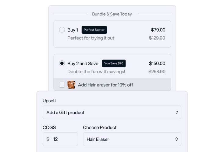 Pricing options showing bundle deals: Buy 1 for $79 marked as Perfect Starter, Buy 2 and Save $20 for $150, with an option to add Hair eraser for 10% off, plus upsell section with add a gift product dropdown and cost of goods input for Hair Eraser.